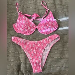 SHEIN Swim Pink Mod Floral Smocked Underwire Bikini Size Large